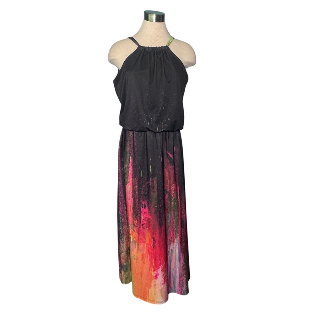 Lily by Firmiana Halter Maxi Dress Black Paint Splatter Print Size Large
